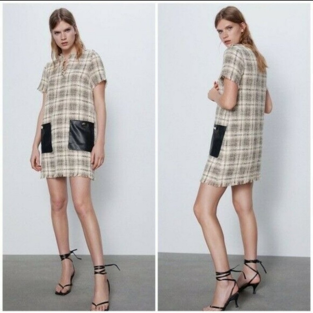 ZARA Tweed Plaid Mini Dress with Faux Leather Pockets | NWT XS - Picture 5 of 13